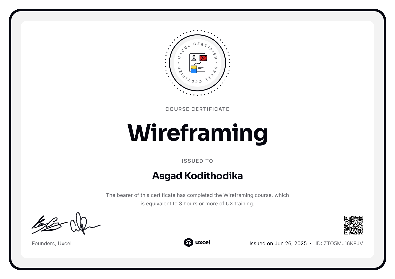 Asgad Kodithodika's certificate